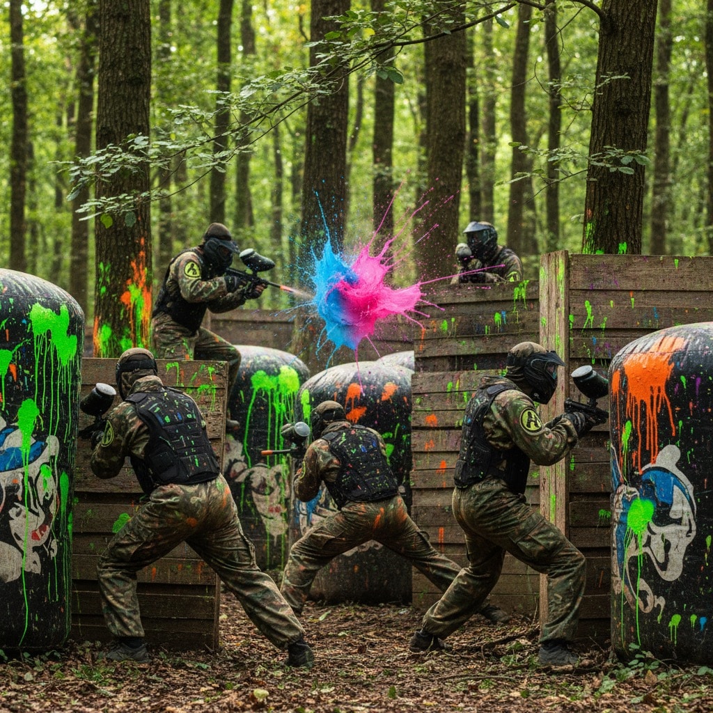 Several paintball players in camouflage gear and protective masks take cover behind wooden barriers and inflatable obstacles in a forest, with a vibrant blue and pink paint splash exploding in mid-air.